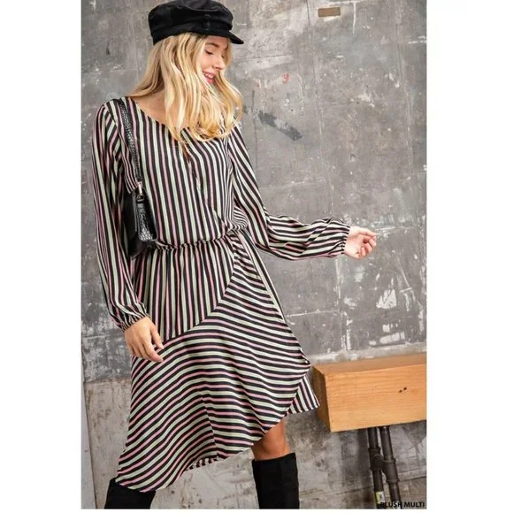 NWT Ethnic Stripe Asymmetrical Long Sleeve Dress - Picture 5 of 7